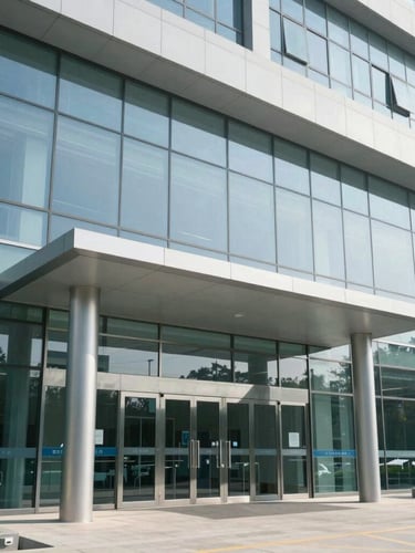 Medium shot of a modern glass-and-steel hospital entrance under bright daylight, clean architectural lines, clinical precision.