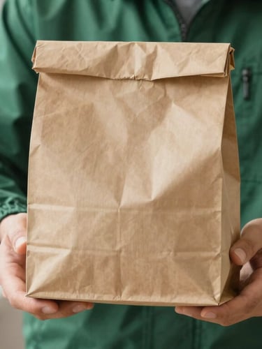 A professional courier in a clean dark green jacket handing over a plain, unbranded paper bag, soft warm lighting, close-up, shallow depth of field
