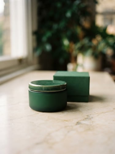 Elegant minimalist product packaging on a warm cream marble counter, soft window daylight, deep green shadows, shallow depth of field, 35mm