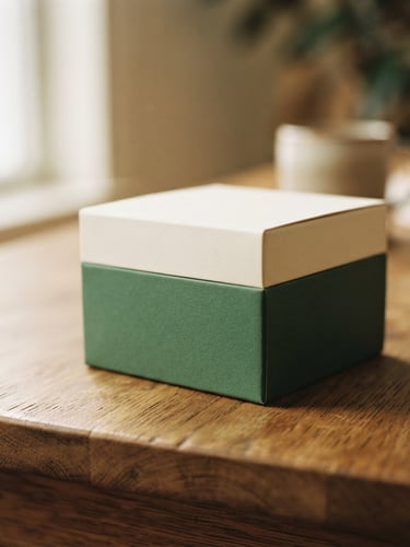 Close-up shot of minimalist, elegant product packaging sitting on a warm wooden table, soft window daylight, deep green and cream tones, shallow depth of field, 35mm editorial photography.
