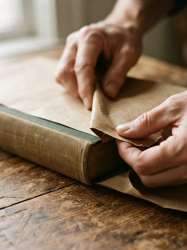 Macro photograph of hands carefully wrapping a thick hardcover book in heavy brown kraft paper on a rustic wooden table, soft window light, warm editorial style