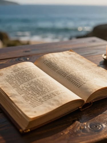 An ancient leather-bound treaty document open on a dark wooden table, warm candle light, shallow depth of field, dust motes in the air.