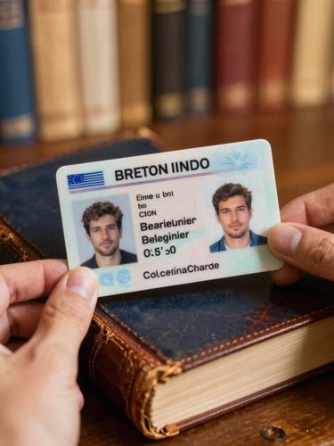 Hands holding a high-fidelity printed Breton driver's license card over an ancient leather-bound book, warm library lighting