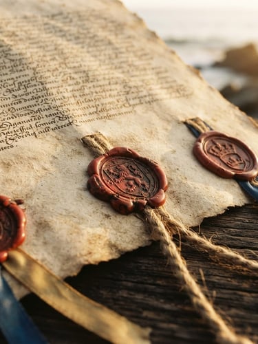Close-up of a vintage parchment treaty with wax seals, soft golden-hour light illuminating calligraphy, shallow depth of field