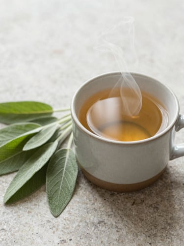 An overhead shot of steaming herbal tea in a ceramic mug next to fresh sage and eucalyptus leaves on a natural stone surface, soft overcast Nordic daylight, 35mm