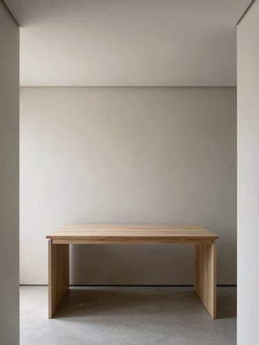 Straight-on architectural perspective of a minimal workplace interior, showing sharp oak and steel material junctions, soft diffused daylight, muted neutral tones, sharp focus.