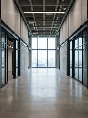 Straight-on one-point perspective of a minimalist corporate lobby, soft diffused daylight, sharp focus on concrete and steel junctions, 35mm lens