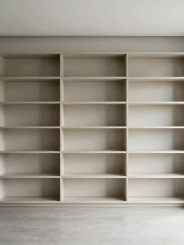 Straight-on perspective of a private executive office with custom minimalist built-in shelving, soft daylight, clean lines.