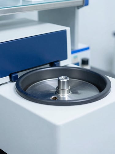 A close-up of a clinical centrifuge in a pristine laboratory, sterile stainless steel, bright cool-toned clinical lighting, sharp focus, 35mm