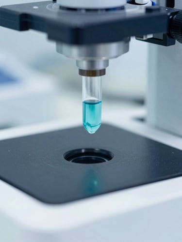Macro photograph of a sterile laboratory analyzer with a cool teal liquid sample, precise clinical lighting, sharp focus, 35mm