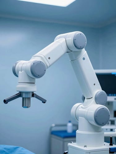Sharp, close-up shot of a state-of-the-art robotic surgical arm in a sterile operating theatre, cool clinical lighting, crisp focus, 35mm