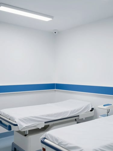 Pristine modern hospital suite architectural rendering, sterile white surfaces, deep blue accents, clean cool-toned clinical lighting, sharp focus, 35mm
