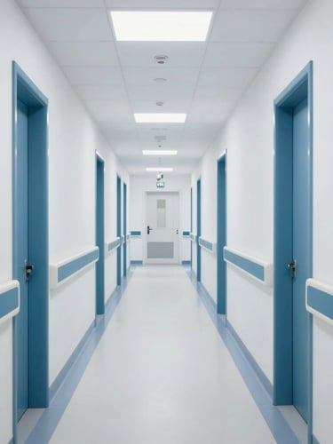 Pristine modern hospital corridor with clean clinical lighting, sharp perspective, sterile white surfaces, crisp clinical photography, bright cool-toned daylight, 35mm