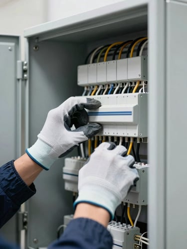 Tight macro shot of a technician's hands in branded gloves working on an electrical panel, wires neatly organized, under clean, cool-toned utility lighting, sharp focus on the work, industrial editorial style.