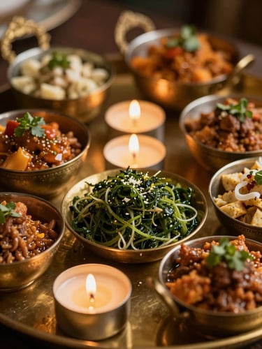 Close-up of elegantly plated Indian fusion cuisine, intricate details, brass serving ware, soft candlelit glow, rich gold and deep green tones, shallow depth of field.