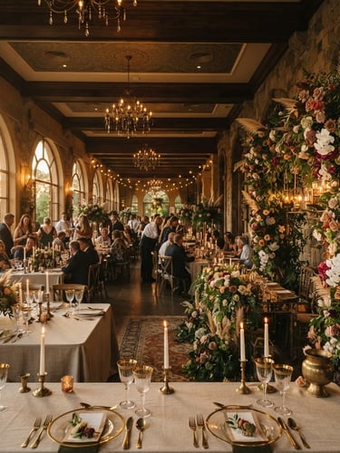 Wide panoramic shot of a beautifully lit event venue, featuring intricate decor details, brass vessels, and a grand floral installation to the right, with soft golden-hour light filtering in.