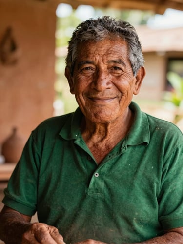 Close-up portrait of a smiling Colombian elder artisan in a rural workshop, warm golden-hour light, rich terracotta and deep green tones, shallow depth of field