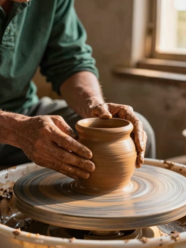 Close-up of local artisan hands shaping a terracotta clay pot on a manual wheel, warm golden-hour sunlight filtering through an open window, rustic workshop background
