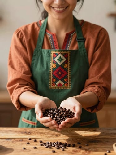 A local woman in a colorful traditional apron smiling warmly while showing fresh coffee beans in her hands, soft natural indoor lighting, rustic wooden table