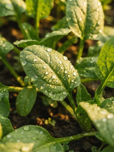 Macro close-up of vibrant green palak leaves with fresh morning water droplets, rich golden-hour sunlight, shallow depth of field