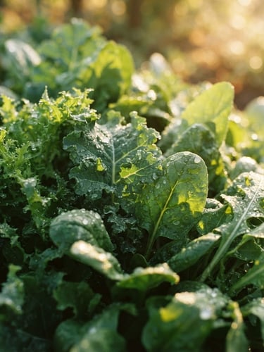 Freshly harvested leafy greens with water droplets, warm golden-hour morning sunlight, macro close-up, shallow depth of field, 35mm.