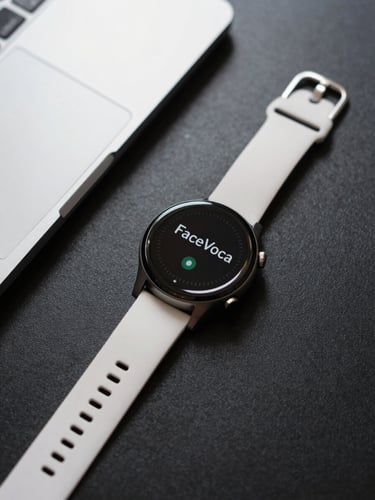 Overhead flat-lay of a Wear OS smartwatch on a clean dark desk surface, screen showing FaceVoca vocabulary word, soft neutral studio light from above, precise and minimal composition