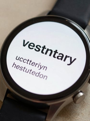 Extreme close-up of a Wear OS watch face displaying a single vocabulary word and its translation in clean sans-serif type, watch resting on a neutral desk surface under soft natural light, screen fills the frame