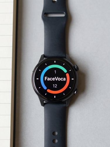 Overhead flat-lay of a Wear OS smartwatch displaying a FaceVoca vocabulary word on its face, placed on a clean light-grey surface beside a notebook, natural daylight from the left, sharp watch screen in focus
