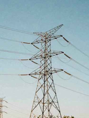 High-voltage transmission towers stretching across the Australian outback, sharp technical detail, cool daylight, 35mm.