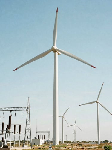 Crisp industrial photography of wind farm turbines connecting to a high-voltage substation under bright daylight, 35mm.