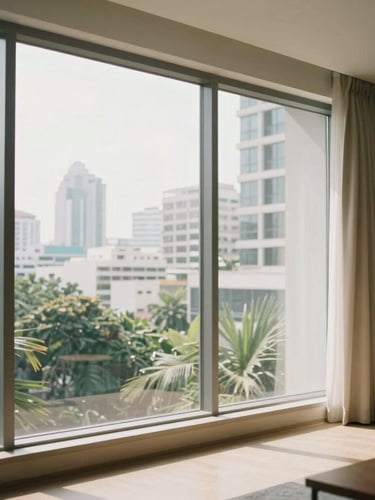 Bright modern Bangkok condo interior with warm morning light streaming through floor-to-ceiling windows, soft natural daylight, muted tropical tones, 35mm.