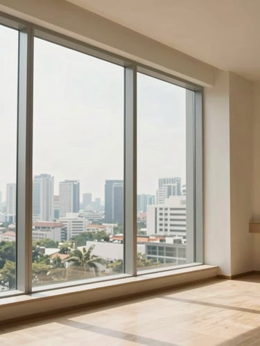 Bright modern high-rise condo interior in Bangkok, floor-to-ceiling windows with soft natural daylight, warm sand tones, minimalist decor, 35mm photography