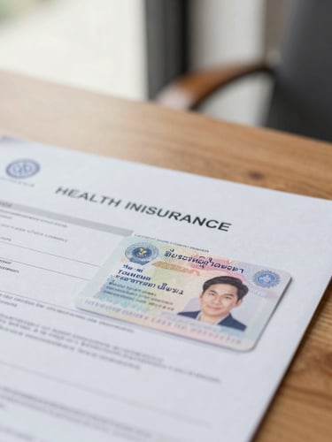 A close-up of an official health insurance policy document and Thai visa stamp on a warm wooden desk, soft natural daylight, 35mm