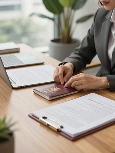 A professional consultation in a sunlit Bangkok office, close-up of passports and document folders on a clean oak desk, warm editorial photography, 35mm.