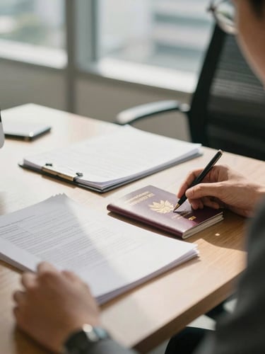A professional consultation in a sunlit Bangkok office, close-up of documents and passports on a wooden desk, soft natural daylight, warm editorial photography, 35mm