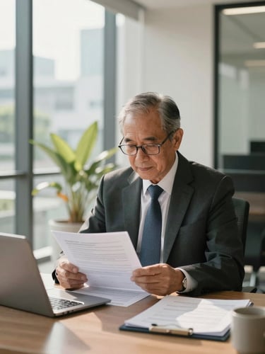 Warm environmental portrait of a senior legal advisor reviewing official documents in a sunlit Bangkok office, soft natural daylight, 35mm.