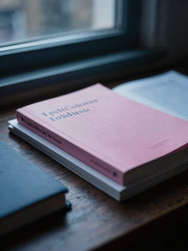 Moody close-up of a study desk in London, overcast daylight through a window, focused textbooks and neat documents, 35mm photography