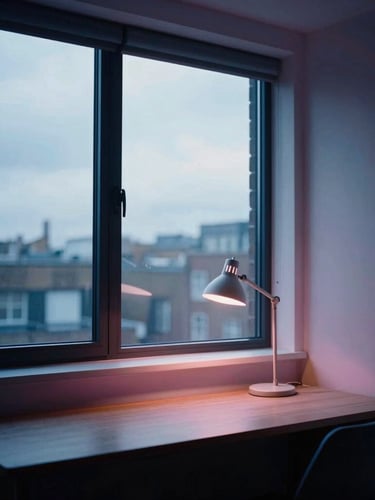 A modern, minimalist student apartment interior in London, large window showing overcast sky, desk with study lamp, cool blue and pink tones, 35mm photography.