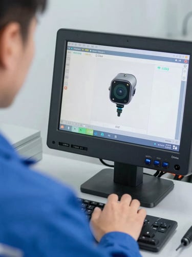 Close-up of a technician in a clean uniform operating a digital diagnostic screen connected to a sewer inspection camera, bright daylight, sharp focus