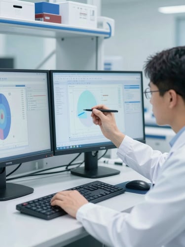 Crisp clinical photography of a professional in a clean sterile lab coat analyzing chromatography data on a dual-monitor setup, bright sterile lighting.