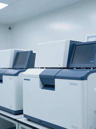 Crisp clinical photography of a modern pharmaceutical cleanroom, high-performance liquid chromatography HPLC machines, sterile white laboratory lighting, cool blue and white tones, sharp focus.