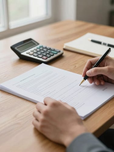 Close-up of hands reviewing physical accounting documents on a warm wooden desk, soft natural window light, clean calculator and notebook, elegant editorial style, shallow depth of field, 35mm