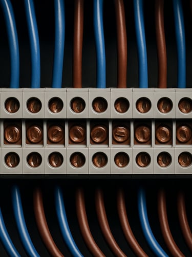Macro shot of perfectly organized electrical panel with neat, parallel wire routing and copper terminals under sharp directional light.