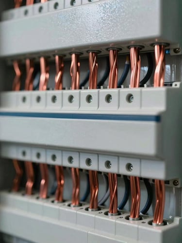 Macro shot of a perfectly organized smart electrical panel, neat parallel copper wire routing, sharp directional industrial lighting, high contrast.
