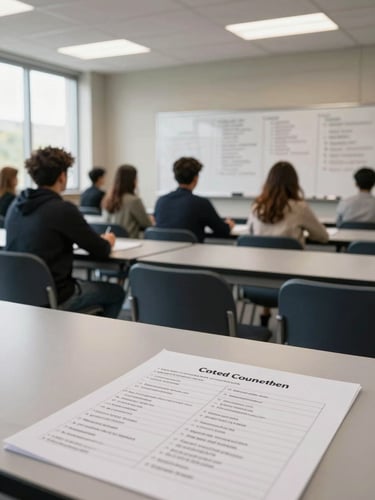 Wide environmental shot inside an active seminar room — participants seated at tables facing a whiteboard covered in handwritten curriculum modules, natural window light from the left side, overhead institutional lighting, close-up of a printed course agenda on the table in the foreground, no faces visible, no posed subjects