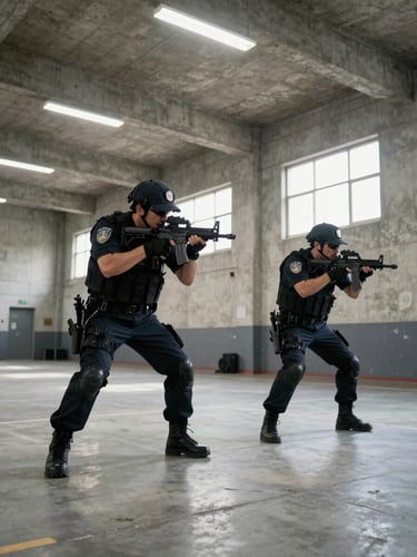 Wide environmental shot from low angle inside a police training ground: two uniformed officers in active tactical drill, hands gripping equipment, institutional concrete walls in background, harsh overhead fluorescent and natural sidelight from high windows, no eye contact with camera, mid-action framing