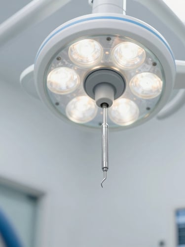 Close-up of modern, pristine dental diagnostics tool under soft clinical light, shallow depth of field, sky blue accents.