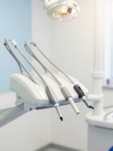 Close-up of clean, modern dental equipment in a bright, sterile clinic room, warm-white lighting, soft sky blue accents, shallow depth of field.