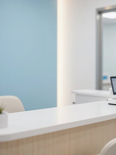 Bright and hygienic dental clinic reception area with soft sky blue and warm ivory accents, clean minimalist desk, warm daylight, shallow depth of field.