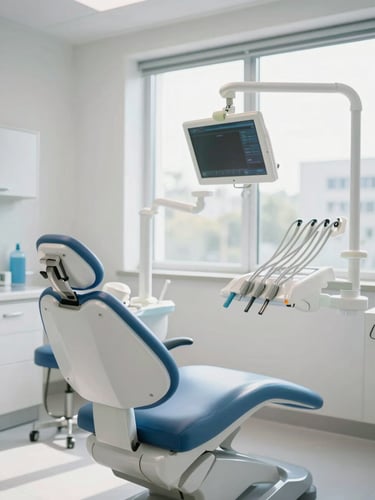 A warm, bright dental treatment room with soft daylight streaming through a large window, highlighting a modern sky blue dental chair and clean surroundings.